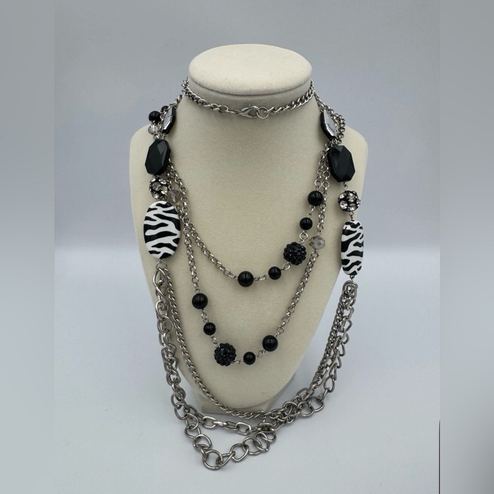 Vintage Y2K Zebra Print Layered Necklace Set Lot‎ of 2 Black White Silver Tone